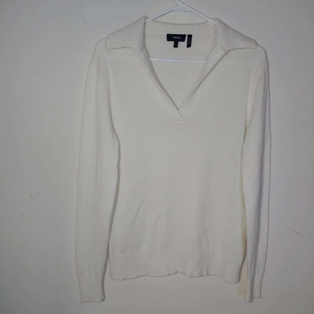 Theory Ivory Slouchy Soft Cashmere Polo V-Neck Sweater Size M